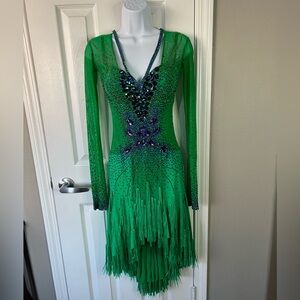Designer Latin Dancesport Dress Long Sleeve Swarovski Stone Green & Purple Color